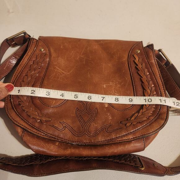 COLE HAAN Sierra Lasercut Brown Leather Crossbody Purse Distressed Boho Chic Bag - Picture 7 of 9